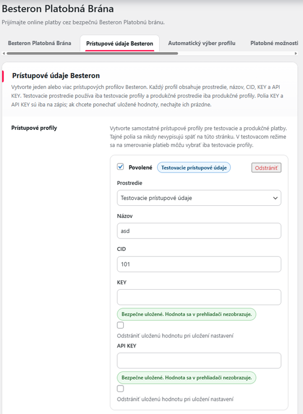 Woocommerce_platobna brana Besteron_pristupove udaje